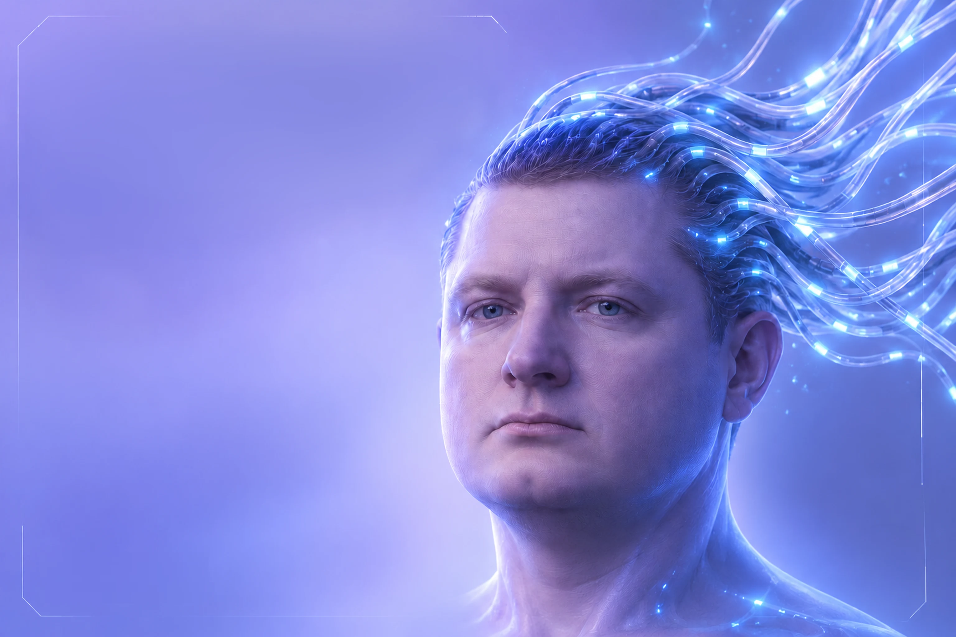Futurystyczny portret Przemysława Frątczaka ze świetlnymi przewodami